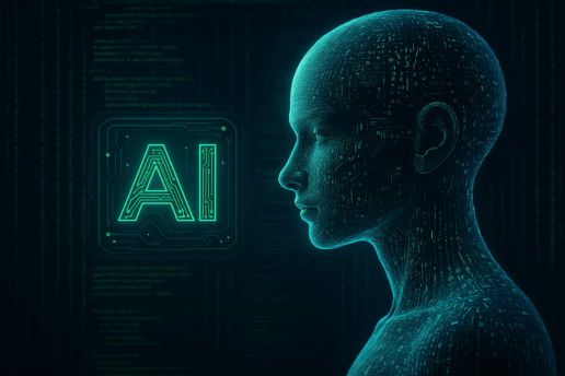 Yapay zeka figürünün kodlarla çevrili bir dijital ortamda yer aldığı, neon yeşil ağırlıklı fütüristik bir test otomasyon sahnesi.