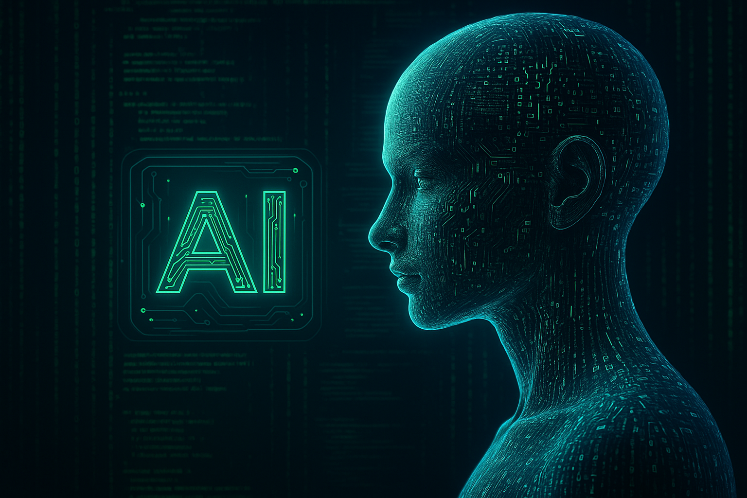 A futuristic scene with a humanoid AI figure surrounded by code and digital signals in a neon green environment, symbolizing intelligent test automation.