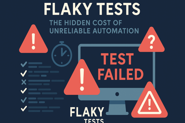 Illustration showing test automation failure with warning signs, a monitor displaying 'TEST FAILED', and the phrase 'Flaky Tests'.