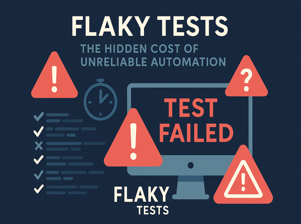 Illustration showing test automation failure with warning signs, a monitor displaying 'TEST FAILED', and the phrase 'Flaky Tests'.