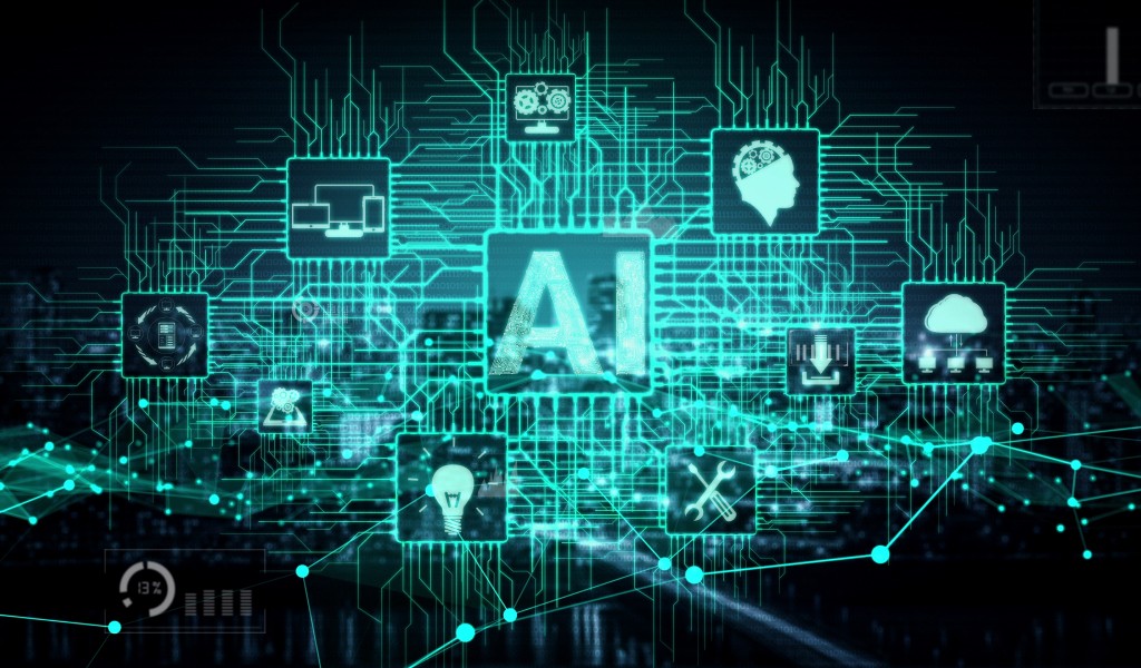 Digital AI network visualization with various icons representing tools, data, and machine learning, highlighting AI’s impact on technology.