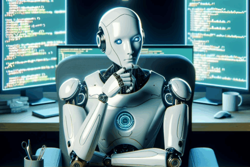 A humanoid robot sitting at a desk with multiple monitors displaying code, symbolizing AI in software testing.