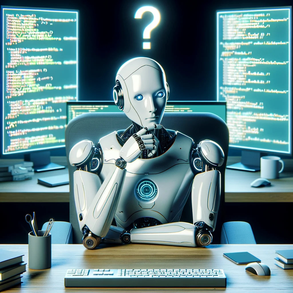 A humanoid robot sitting at a desk with multiple monitors displaying code, symbolizing AI in software testing.
